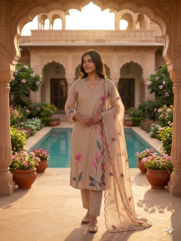 Beige Appliqué Floral Straight Kurta