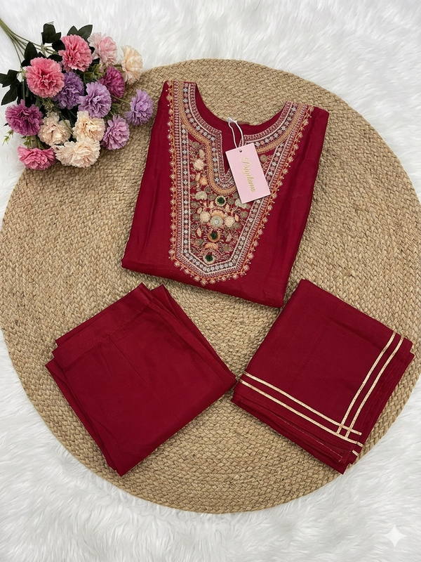 Red Cotton Blend Embroidered Kurta Set with Dupatta