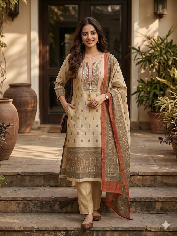 Libas Ivory Printed Silk Blend Kurta Set