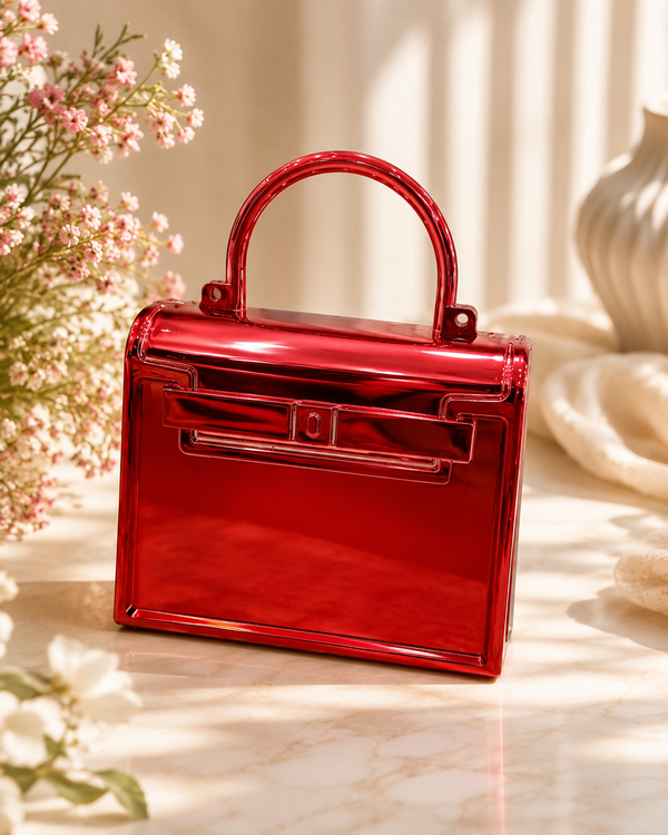 Crimson Luxe Metallic Structured Handbag with Gold Chain