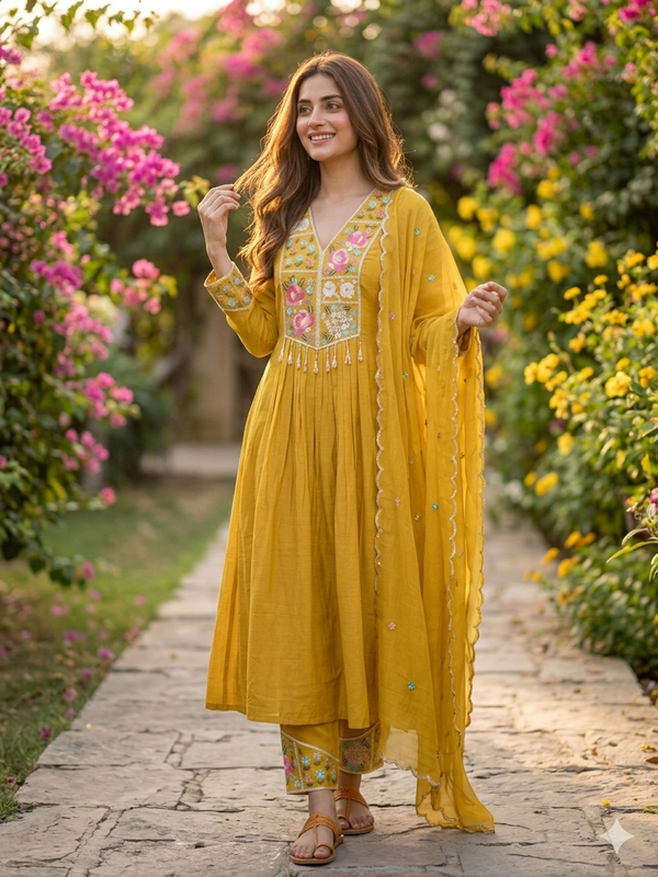 yellow embroidered Anarkali suit