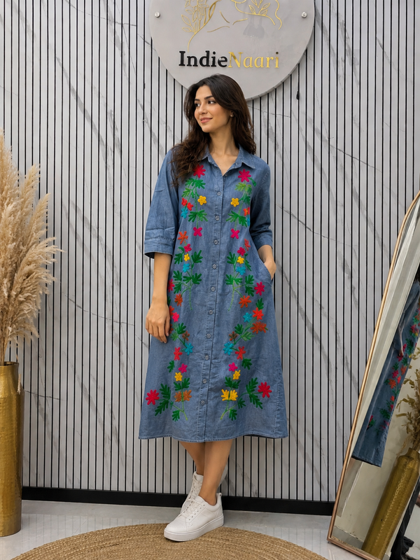 Embroidered Denim Dress