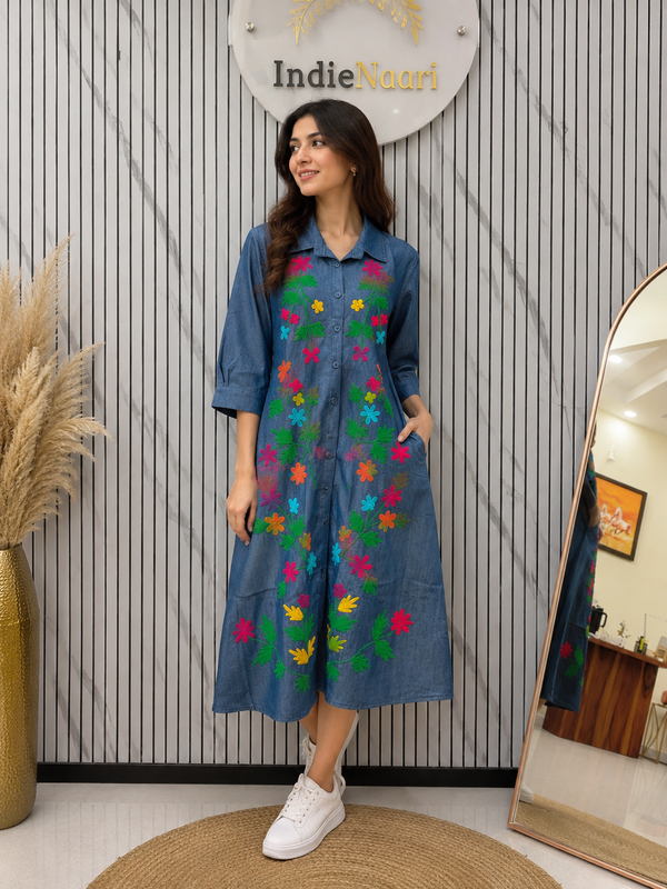 Embroidered Denim Dress