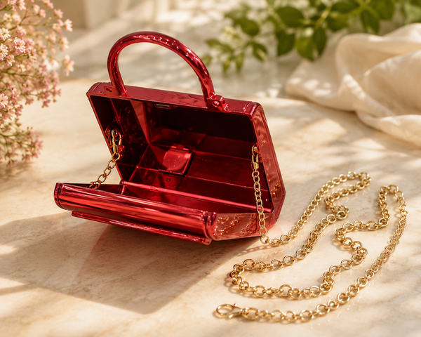 Crimson Luxe Metallic Structured Handbag with Gold Chain