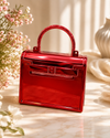 Crimson Luxe Metallic Structured Handbag with Gold Chain