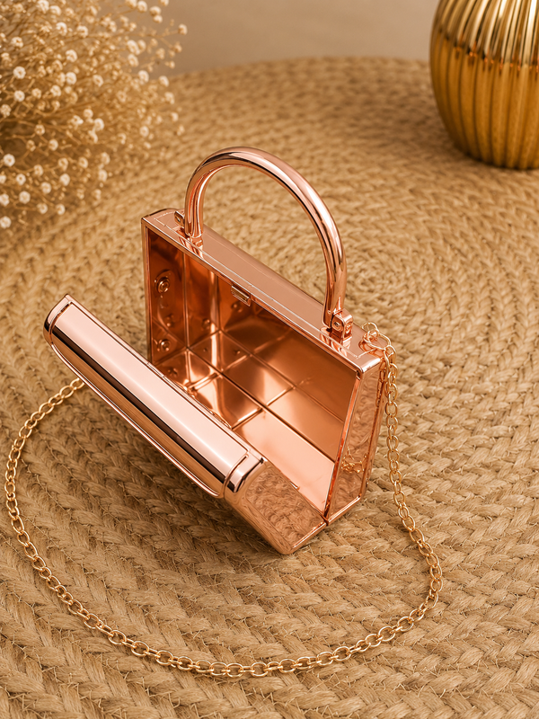 Crimson Luxe Metallic Structured Handbag with Gold Chain